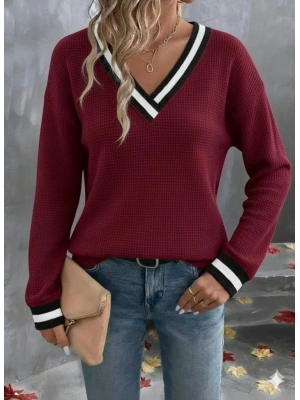 Kadın Uzun Kollu V Yakalı Waffle Bluz