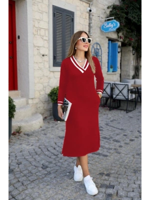 Kadın Uzun Kollu V Yakalı Yandan Yırtmaçlı Iki Iplik Midi Elbise