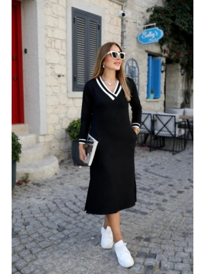 Kadın Uzun Kollu V Yakalı Yandan Yırtmaçlı Iki Iplik Midi Elbise