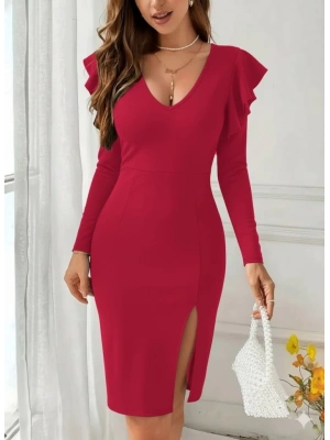 Kadın Uzun Kollu V Yakalı Yandan Yırtmaçlı Midi Ithal Krep Elbise