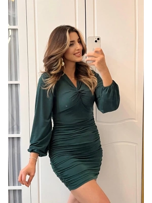 Kadın Uzun Kollu V Yakalı Yanlardan Büzgülü Kısa Sandy Elbise
