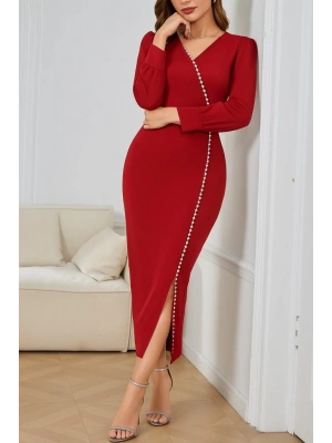 Kadın Uzun Kollu V Yakalı Yırtmaçlı Taşlı Uzun Ithal Krep Elbise