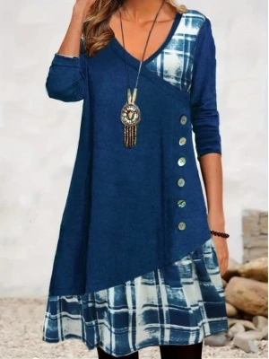 Kadın Uzun Kollu V Yakalı Yün Viskon Ve Desenli Süprem Elbise