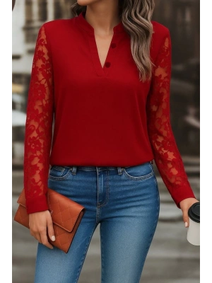 Kadın Uzun Kollu Yaka Düğme Detay Güpürlü Kol Krep Bluz