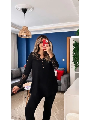 Kadın Uzun Kollu Yaka Kol Ucu Dantel Detaylı önden Düğmeli Viskon Bluz