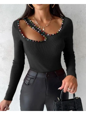 Kadın Uzun Kollu Yaka Taş Ve Dekolte Detay Kaşkorse Bluz