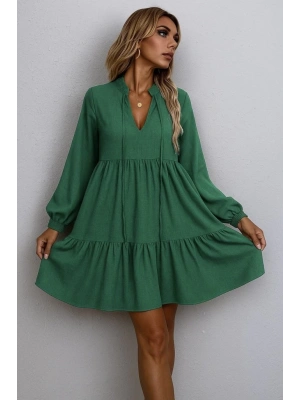 Kadın Uzun Kollu Yakadan Bağcıklı Fırfırlı Keten Mini Elbise