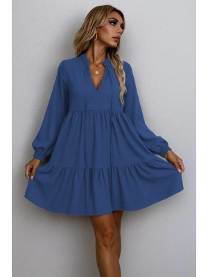 Kadın Uzun Kollu Yakadan Bağcıklı Fırfırlı Keten Mini Elbise