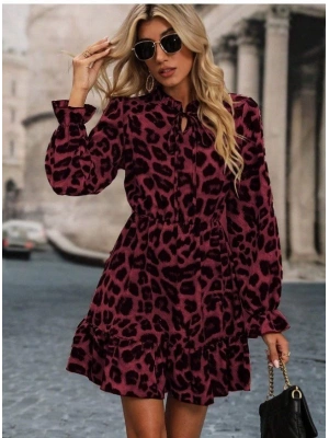Kadın Uzun Kollu Yakadan Bağcıklı Modal Leopar Desenli Mini Elbise