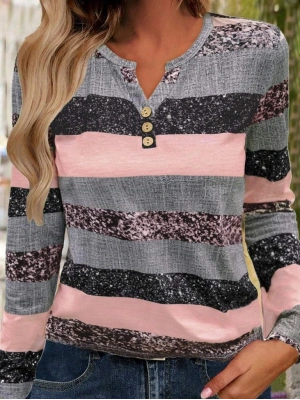 Kadın Uzun Kollu Yakadan Düğmeli çizgili Desenli Süprem Bluz