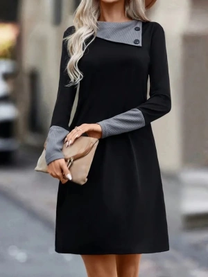 Kadın Uzun Kollu Yakadan Düğmeli Kısa Viskon Iki Iplik Elbise