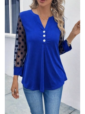 Kadın Uzun Kollu Yakadan Düğmeli Kolları Tül Detaylı Viskon Bluz