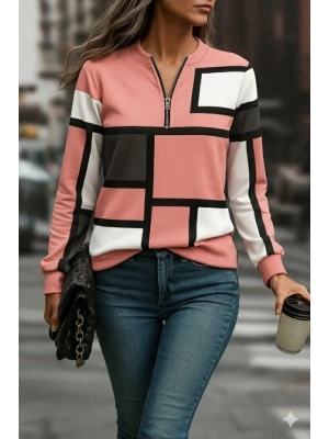 Kadın Uzun Kollu Yakadan Fermuarlı Desenli şardonlu Dalgıç Bluz