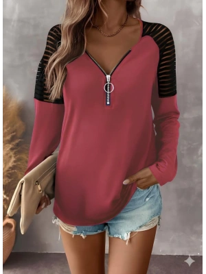 Kadın Uzun Kollu Yakadan Fermuarlı Viskon Bluz