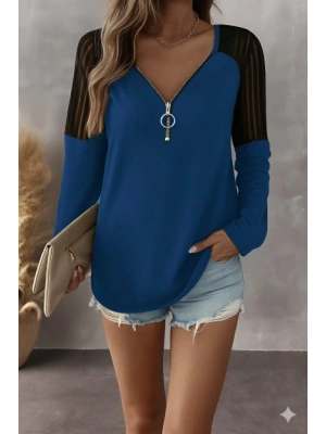 Kadın Uzun Kollu Yakadan Fermuarlı Viskon Bluz