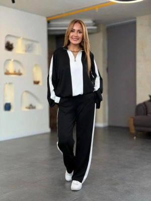 Kadın Uzun Kollu Yakadan Fermuarlı Viskon Iki Iplik Bluz Ve Pantolon Ikili Takım