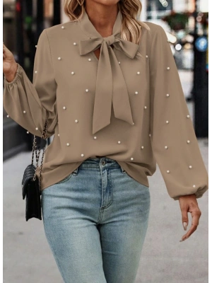 Kadın Uzun Kollu Yakadan Fiyonklu Incili Ithal Krep Bluz