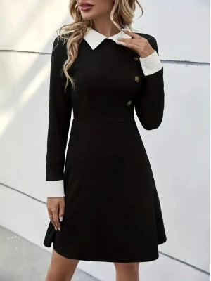 Kadın Uzun Kollu Yakalı A Kesim Kısa Ithal Krep Elbise