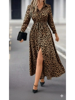 Kadın Uzun Kollu Yakalı Belden Kuşaklı Leopar Desenli Modal Uzun Elbise