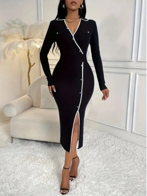 Kadın Uzun Kollu Yakalı Cepli Düğmeli Yırtmaç Detaylı Modal Uzun Elbise