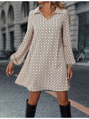 Kadın Uzun Kollu Yakalı Desenli Mini Modal Elbise