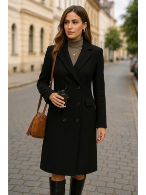 Kadın Uzun Kollu Yakalı Düğme Ve Cepli Kaşe Kaban