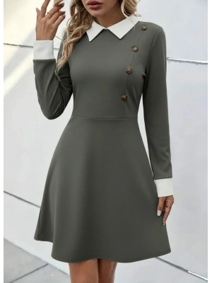 Kadın Uzun Kollu Yakalı Düğmeli çağla Yeşili Modal Mini Elbise