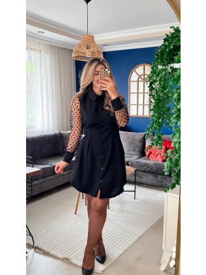 Kadın Uzun Kollu Yakalı Düğmeli Mini Ithal Krep Elbise