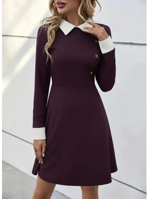 Kadın Uzun Kollu Yakalı Düğmeli Mürdüm Modal Mini Elbise