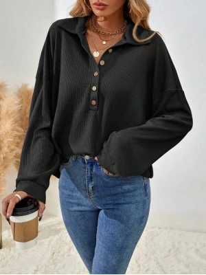 Kadın Uzun Kollu Yakalı Düğmeli Salaş Waffle Bluz