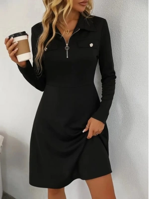 Kadın Uzun Kollu Yakalı Fermuarlı Ve Cepli Kısa Ithal Krep Kısa Elbise