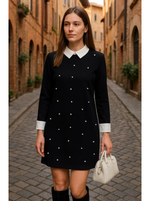 Kadın Uzun Kollu Yakalı Incili Ithal Krep Elbise