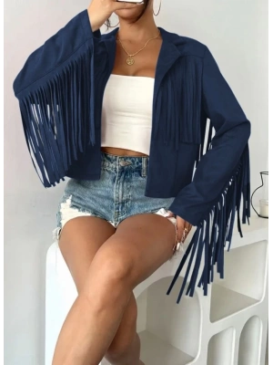 Kadın Uzun Kollu Yakalı Kısa Püsküllü Süet Ceket