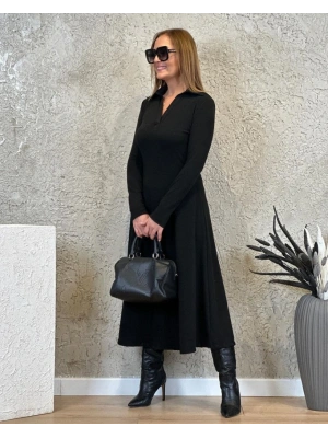 Kadın Uzun Kollu Yakalı Midi Viskon Iki Iplik Elbise