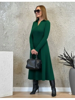 Kadın Uzun Kollu Yakalı Midi Viskon Iki Iplik Elbise