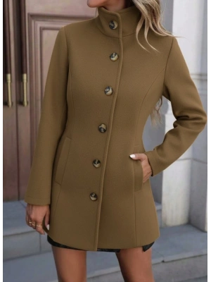 Kadın Uzun Kollu Yakalı önden Düğmeli Astarsız Ithal Kaşe Kahve Kaban