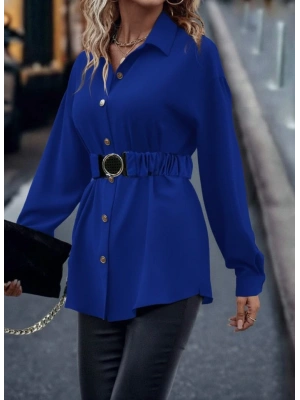 Kadın Uzun Kollu Yakalı önden Düğmeli Belden Kemerli Ithal Krep Bluz