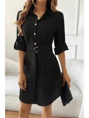 Kadın Uzun Kollu Yakalı önden Düğmeli Beli Kuşaklı Mini Ithal Keten Elbise