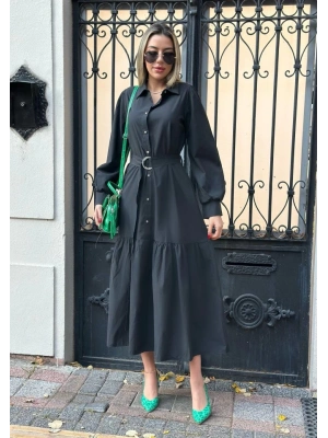 Kadın Uzun Kollu Yakalı önden Düğmeli Beli Metal Kemerli Dokuma Maksi Elbise