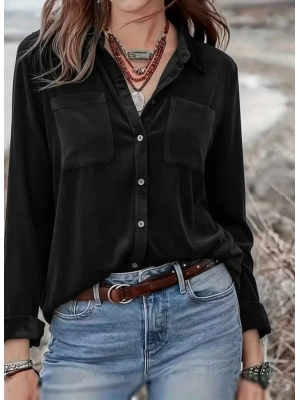 Kadın Uzun Kollu Yakalı önden Düğmeli Cep Detaylı Kadife Gömlek