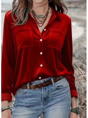 Kadın Uzun Kollu Yakalı önden Düğmeli Cep Detaylı Kadife Gömlek