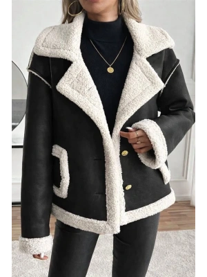 Kadın Uzun Kollu Yakalı önden Düğmeli Cep Detaylı Süet Ceket