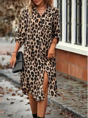 Kadın Uzun Kollu Yakalı önden Düğmeli Leopar Desenli Modal Midi Elbise