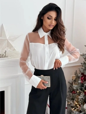 Kadın Uzun Kollu Yakalı önden Düğmeli Tül Detaylı Dokuma Viskon Bluz