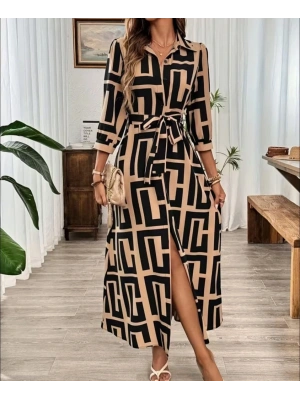 Kadın Uzun Kollu Yakalı önden Düğmeli Uzun Süprem Elbise