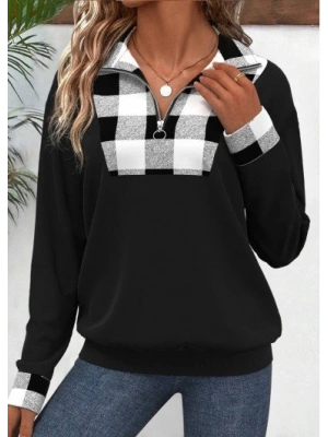 Kadın Uzun Kollu Yakalı önden Fermuarlı Ekose Detaylı Viskon Iki Iplik Bluz