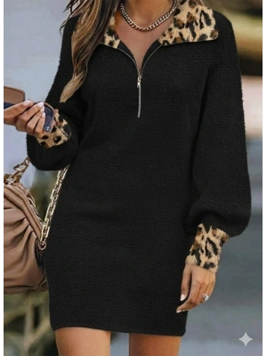 Kadın Uzun Kollu Yakalı önden Fermuarlı Leopar Detaylı Mini Peluş Elbise