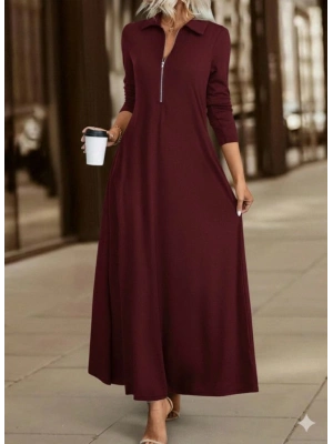 Kadın Uzun Kollu Yakalı önden Fermuarlı Uzun Viskon Iki Iplik Elbise