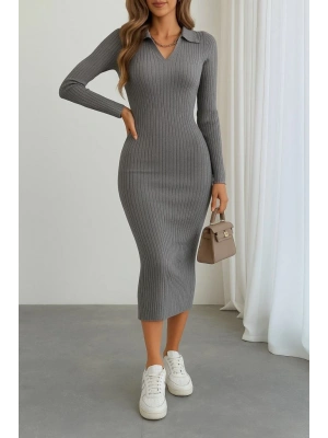 Kadın Uzun Kollu Yakalı Triko Elbise