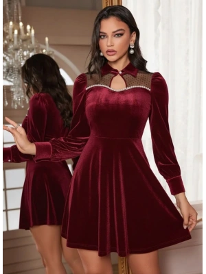 Kadın Uzun Kollu Yakalı Tül Detaylı Incili Mini Kadife Elbise